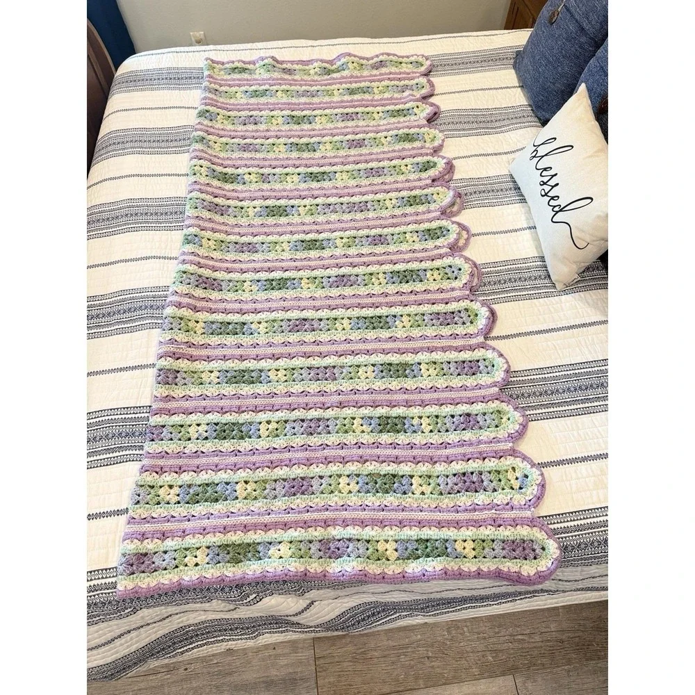 Crocheted Afghan Purple Green Blue & Cream Mile A Minute Pat Handmade Grannycore